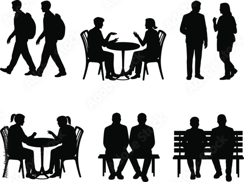 Multiple silhouette scenes of people walking, interacting at tables, and sitting together on benches, depicting social engagements