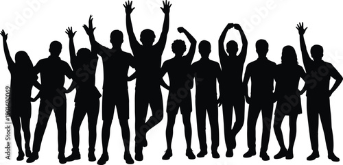 Large group of ten diverse people in silhouette with arms raised in celebration against a white background