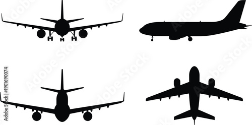Set of black silhouette illustrating airplanes from different angles for aviation and travel industry representation