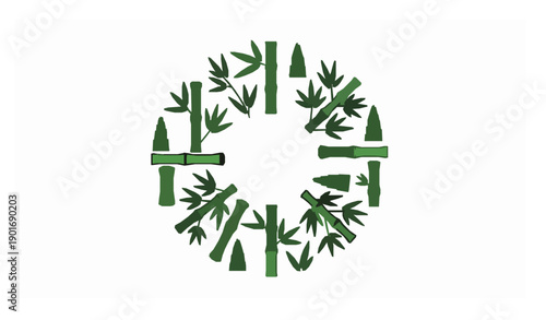Green bamboo stalks and shoots vector icons arranged in circular layout isolated on white background