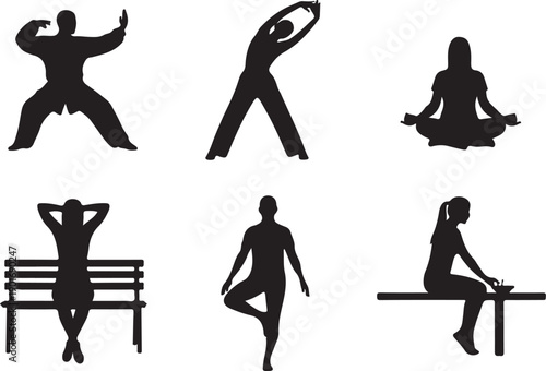 Diverse People Silhouettes Practicing Yoga and Tai Chi Isolated on white background