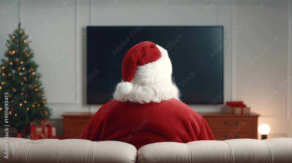Fototapeta premium Santa Claus Relaxing on Couch While Watching Television in Cozy Holiday Living Room