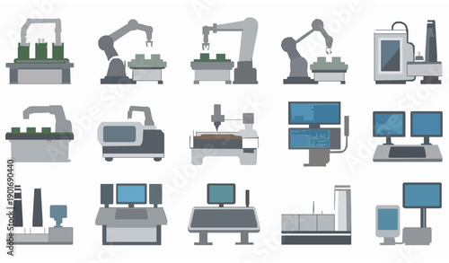 Smart factory automation equipment for computer hardware production vector