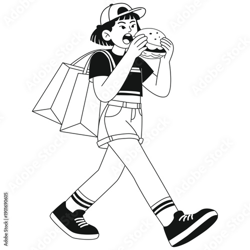 Burger Illustration. Vector illustration of Young character enjoying a burger while walking with shopping bags, symbolizing casual snack time and everyday food habits. Isolated on background