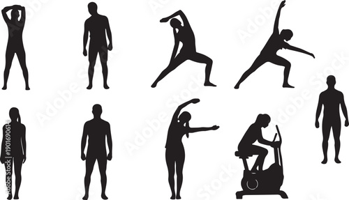 Fitness Silhouettes: People Stretching and Exercising on Bike Isolated on white background