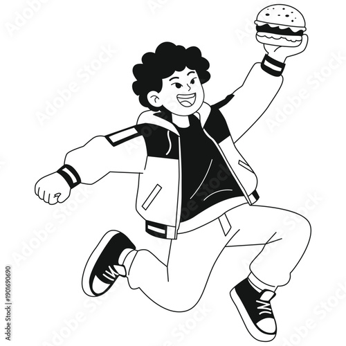 Burger Illustration. Vector illustration of An energetic boy running while holding a burger, symbolizing excitement and youthful fast food lifestyle. Isolated on background