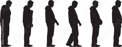 Group of Men Silhouettes Standing in Line, Isolated on white background
