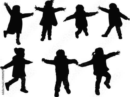 Kids playing silhouette set, happy children jumping and dancing poses, black outline illustration isolated on white background for education, playground, fun and childhood design.