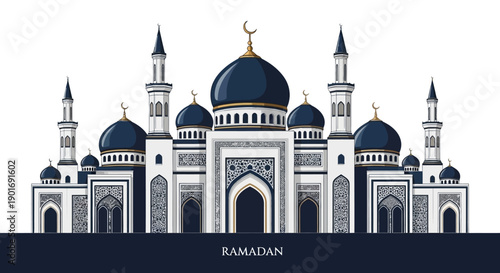 Illustration of a mosque with blue domes and minarets, depicting a prayer room during Ramadan, conveying a serene and cultural atmosphere.