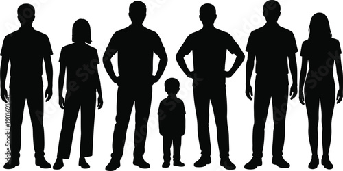 Silhouette of a family group with adults and a child standing in a line against a white background