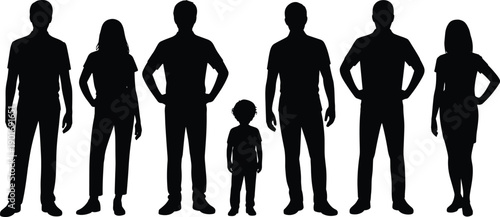 Seven black silhouettes of people including adults and a child standing in a row against a white background