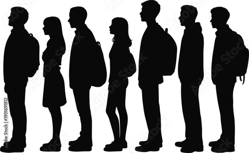 Silhouettes of a diverse line of young people, including males and females with backpacks, against a clean white background