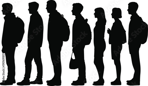 Silhouettes of a diverse group of young individuals standing in a line, many with backpacks, against a white background