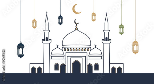 Vector illustration of a mosque with hanging lanterns and a crescent moon, symbolizing Ramadan Kareem and Islamic culture