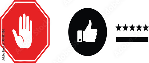 Approval and Restriction Icon Set Featuring Stop Hand Sign, Thumbs Up Approval Symbol, and Five Star Rating Elements for User Interface and Feedback Design