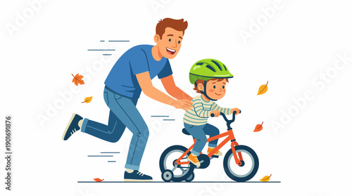Father Teaching Son to Ride Bicycle. Happy Childhood Moment, Parental Support, and Learning New Skills. Vector Illustration Isolated on White.