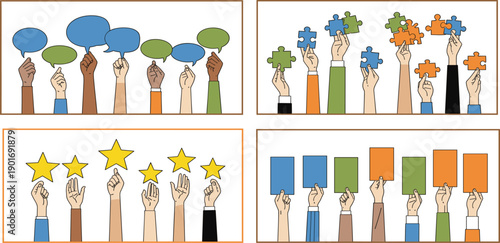Audience Feedback and Collective Opinion Concept with Raised Hands Holding Speech Bubbles, Puzzle Pieces, Rating Stars, and Voting Cards Illustration