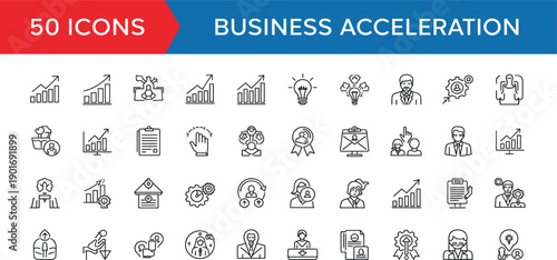 Business Acceleration Line Icon Set with Growth Analytics, Strategy, Innovation, Leadership, Startup Development, and Corporate Performance Symbols Illustration