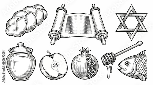 Rosh Hashanah Jewish Holiday Icons Set. Engraving Style Torah Scroll, Challah, Honey, Apple, Pomegranate, and Star of David Symbols.