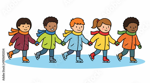 Diverse Cartoon Kids Holding Hands and Ice Skating. Happy Multicultural Children Skating Together in Winter Illustration.
