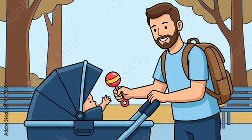 Happy Father Playing with Baby Rattle in Stroller at Park. Modern Dad Pushing Pram and Bonding with Infant. Vector Illustration.