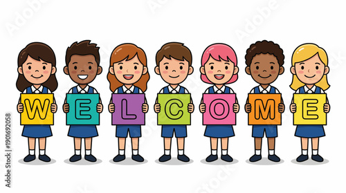 Diverse Students in School Uniforms Holding Colorful WELCOME Sign Blocks. Friendly Cartoon Illustration of Children Greeting.