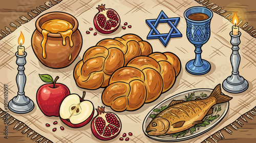 Rosh Hashanah Table Setting Illustration with Honey, Round Challah, Pomegranates, and Jewish Symbols for a Sweet New Year.