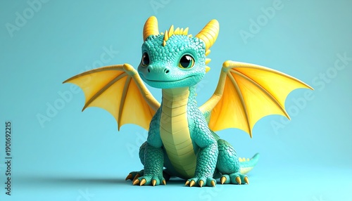 Adorable Teal Dragon Figurine with Yellow Wings.