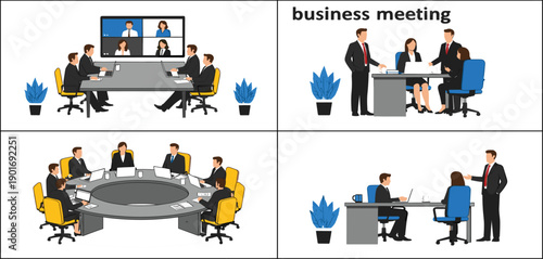 Business Meeting and Office Collaboration Illustration Set with Team Discussion, Conference Table, Video Call, and Professional Workplace Communication Scenes
