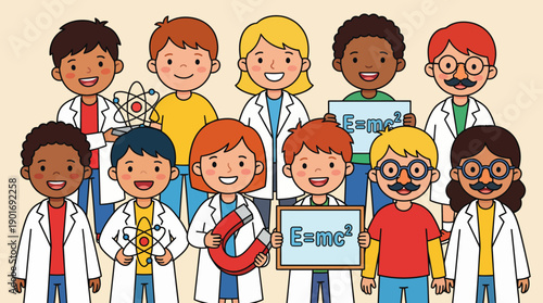 Diverse Young Scientists Group Illustration. Smiling Children in Lab Coats Holding Atom, Magnet, and E=mc² Signs. STEM Education Concept.