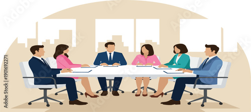 Business Meeting Illustration with Corporate Team Discussion, Boardroom Conference, Professional Collaboration, Strategy Planning, and Executive Decision Making in Modern Office Environment