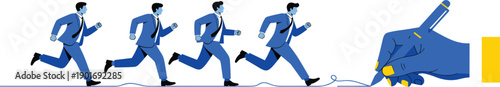 Business Process Development Concept with Sequential Running Characters and Hand Drawing Line for Workflow Progress, Planning, and Growth Illustration