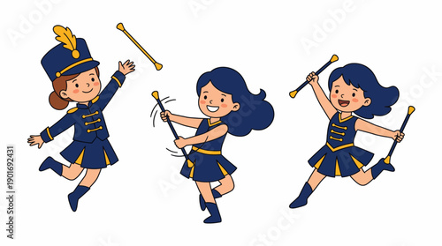 Cute Cartoon Majorette Girls Twirling Batons in Blue and Gold Marching Band Uniforms.