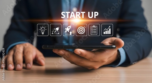 Startup business plan on mobile phone with strategy and growth for entrepreneurs and investors