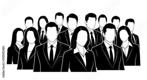 United Workforce in Silhouette: A collective of professionals, dressed in tailored business attire, stands together as a symbol of unity, teamwork, and business success.