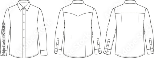 Men long sleeve shirt technical fashion illustration, front back views vector template, button collar apparel garment outline design