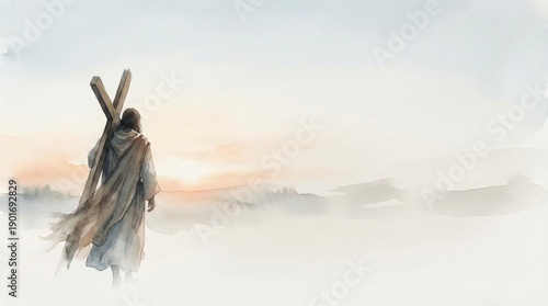 easter Christ Jesus cross watercolor spiritual crucifixion scene depicting the son of God walking towards the light during sunrise on a minimalist religious background for lent.