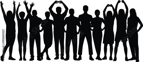 Ten diverse people in silhouette with arms raised and making shapes against a white background group