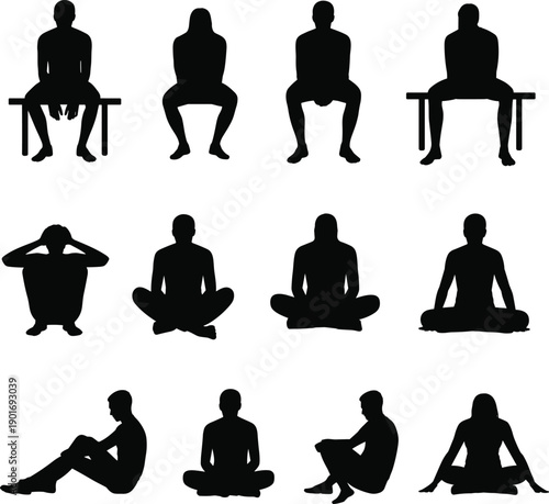Twelve diverse black silhouette figures of individuals in different seated and contemplative poses on a white background