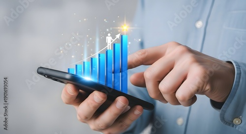 Business growth chart on mobile phone showing financial success and career progress with data analysis