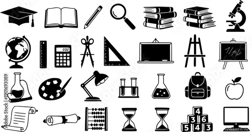Education and School Solid Icons Set - Black and White Glyph Style Vector Collection for Learning and Study