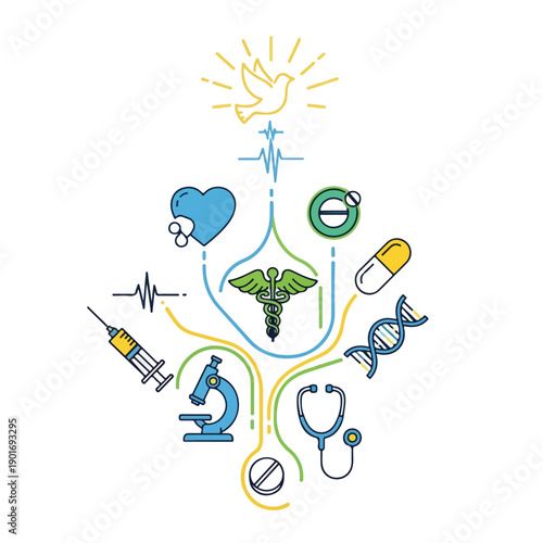 A medical symbol collage with a dove and stethoscope