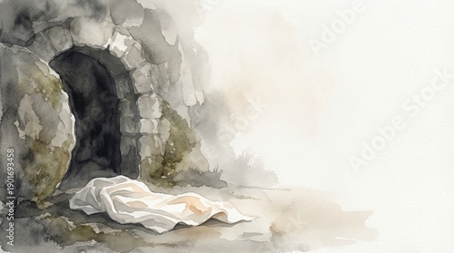 easter Christ Jesus empty tomb resurrection shroud tomb watercolor painting showing the burial cloth left behind after the miracle of the rising of the savior with copy space.