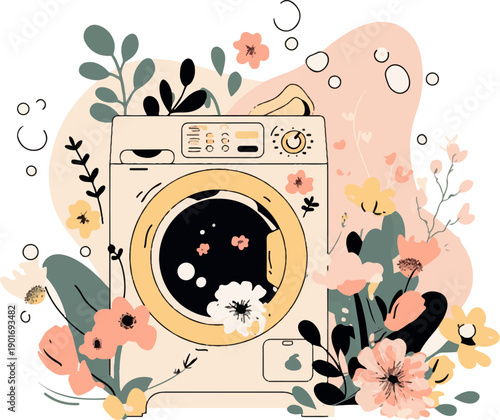 Laundry Day Blossoms: A whimsical illustration of a washing machine adorned with vibrant flowers, creating a fresh and inviting atmosphere for laundry day.
