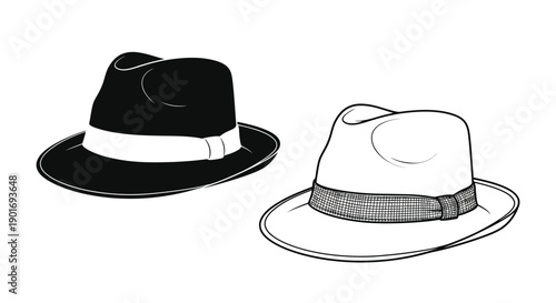 Two hats one black and one white are displayed in a sketch style