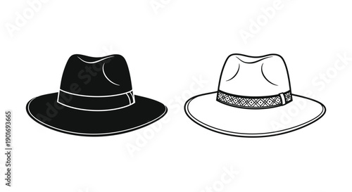 Two stylish hats are displayed a fedora and a straw panama hat