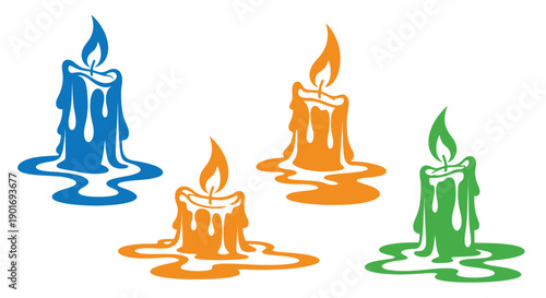 Four brightly colored candles with visible flames and melting wax