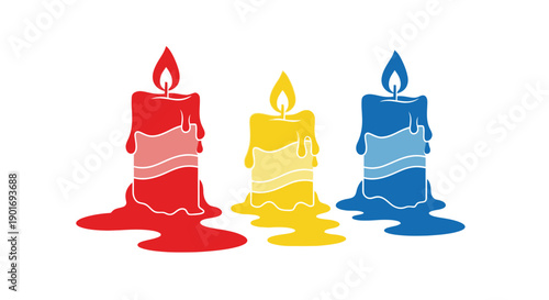 Three brightly colored candles with dripping wax stand in a row