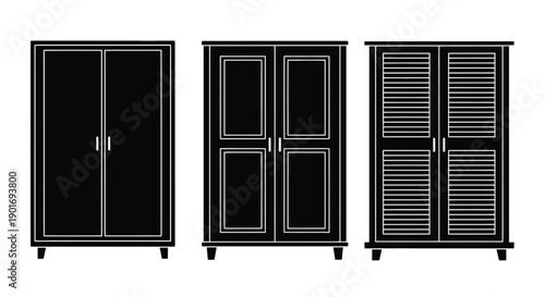 Three black wardrobes with varied door styles isolated on white