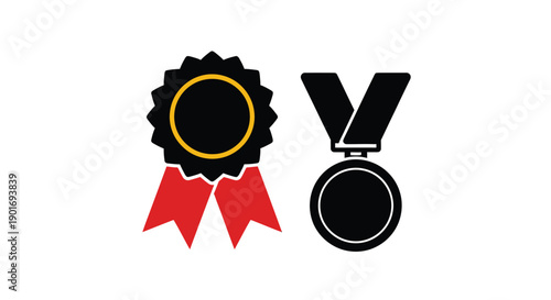 Black and red award ribbons and a medal icon on a white background